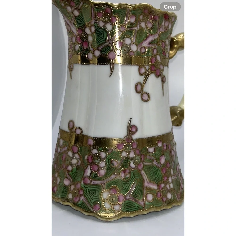 Antique Nippon Hand Painted Moriage Floral Pitcher Gold Gilt‎ Porcelain Cottage